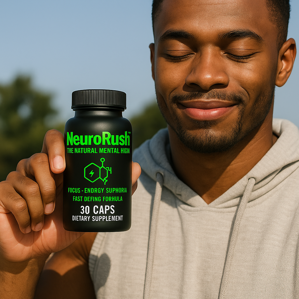 Young athletic Black man outdoors holding a black bottle of NeuroRush supplement labeled '30 CAPS' with neon green text, smiling with eyes closed, symbolizing calm energy and mental clarity.