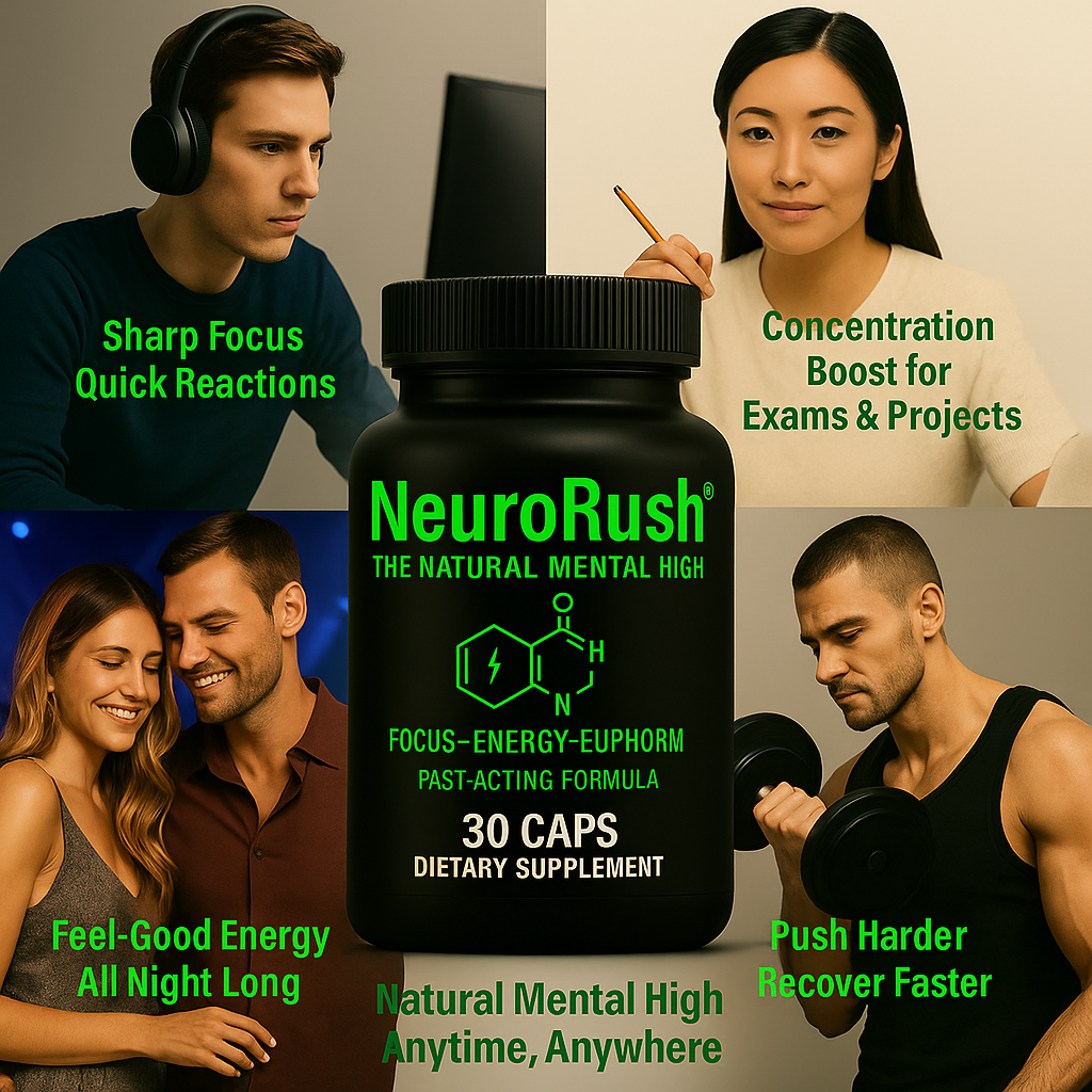 Promotional image of NeuroRush supplement bottle labeled '30 CAPS' in the center, surrounded by four lifestyle scenes: a gamer with 'Sharp Focus', a student with 'Concentration Boost', a couple with 'Feel-Good Energy', and an athlete with 'Push Harder, Recover Faster'. Text highlights natural mental high and fast-acting formula