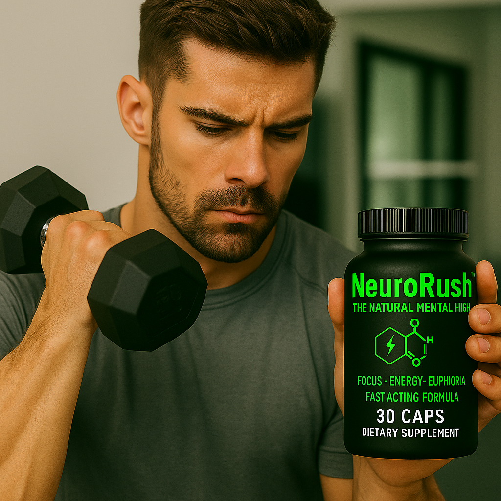 Focused athletic man in grey t-shirt lifting a black dumbbell while holding a bottle of NeuroRush supplement labeled '30 CAPS' with neon green text promoting focus, energy, and euphoria benefits.