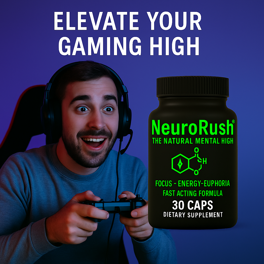 Excited young male gamer with headset and controller sits in front of a purple-blue background. Next to him, a black bottle of NeuroRush dietary supplement is labeled '30 CAPS' with neon green text highlighting focus, energy, and euphoria benefits.