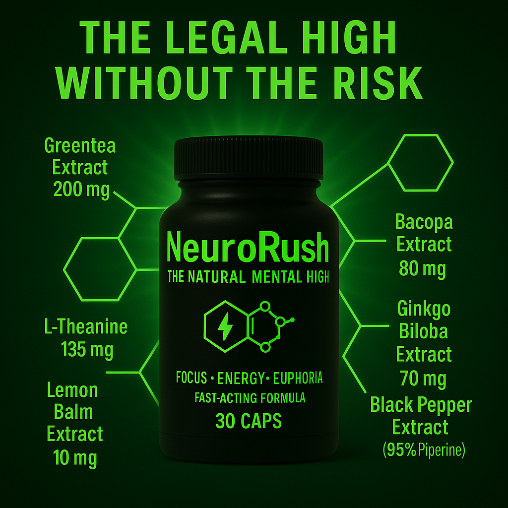 NeuroRush 30 CAPS dietary supplement with a matte black bottle and neon green label, surrounded by ingredient highlights including Greentea Extract, L-Theanine, Bacopa, Ginkgo Biloba, Lemon Balm, and Black Pepper Extract. Slogan 'The Legal High Without the Risk' appears above, with glowing molecular hexagon graphics around the bottle."
