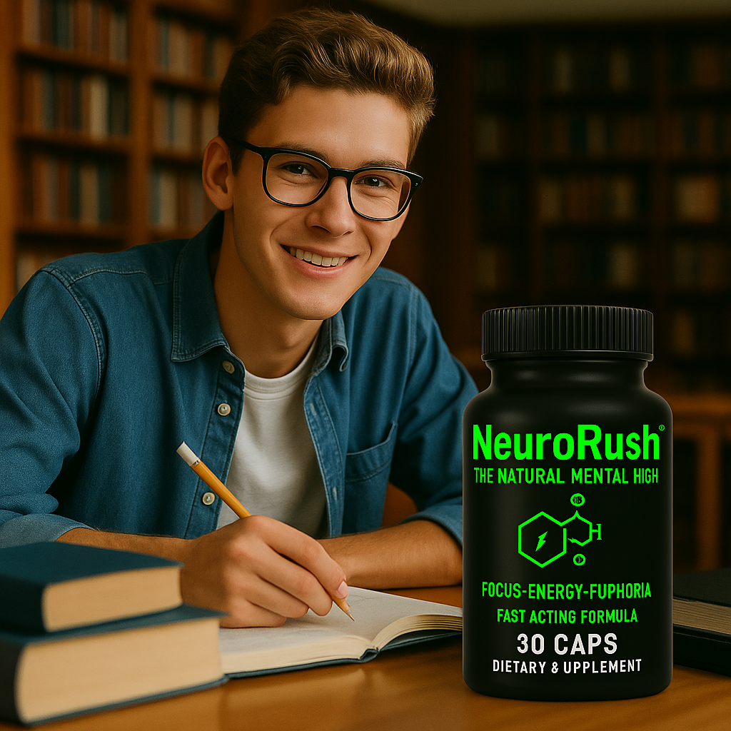 Smiling young male student in glasses writing in a notebook at a library desk. A black bottle of NeuroRush labeled '30 CAPS' stands in the foreground, featuring neon green text and a unified green molecular hexagon symbol highlighting its focus, energy, and euphoria benefits.