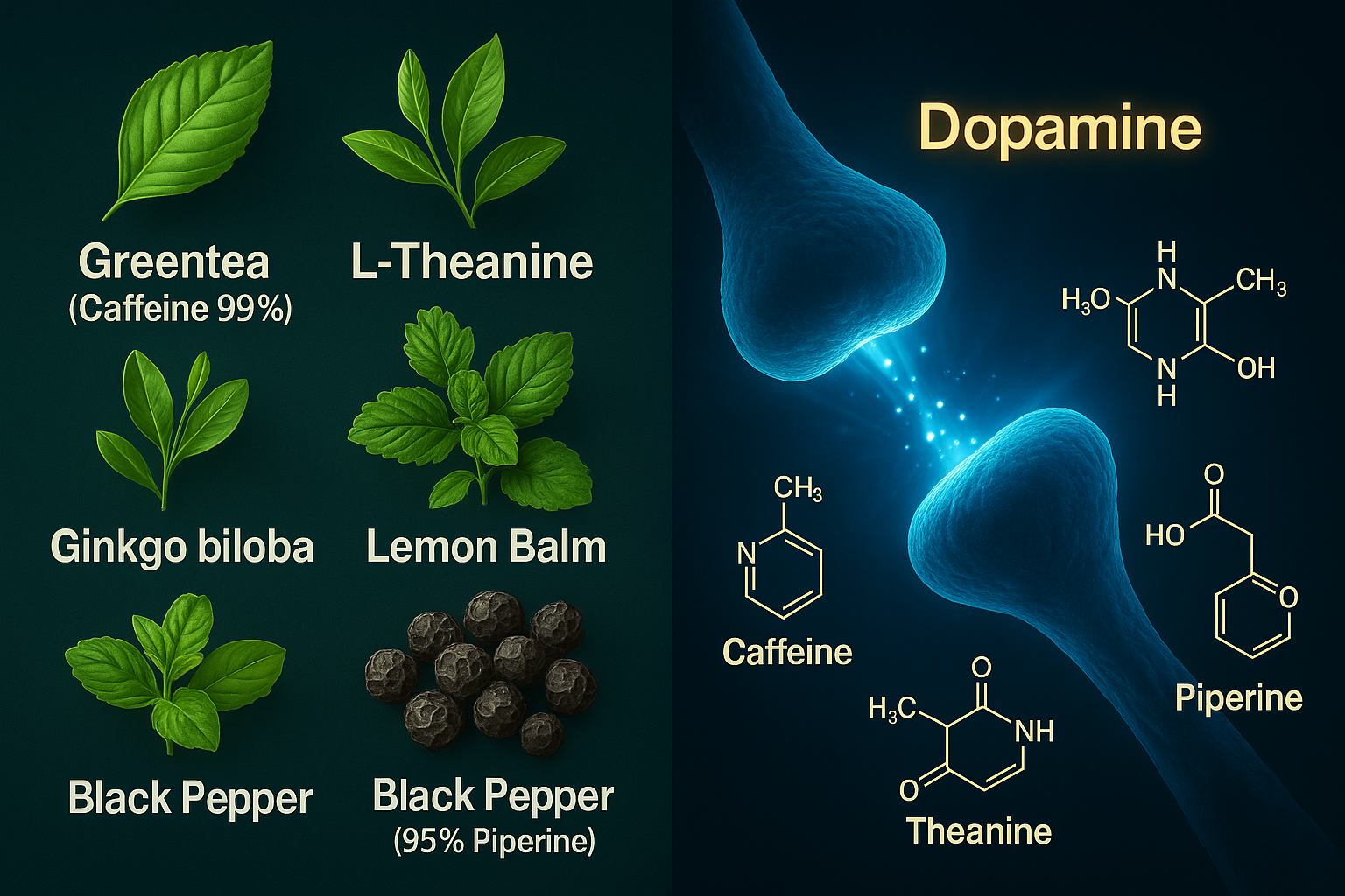 Scientific illustration of NeuroRush ingredients and dopamine activation. Left side displays natural sources: Greentea (Caffeine 99%), L-Theanine, Ginkgo biloba, Lemon Balm, and Black Pepper (95% Piperine). Right side shows synaptic dopamine transmission with glowing neuron ends and molecular structures of Caffeine, Theanine, and Piperine.