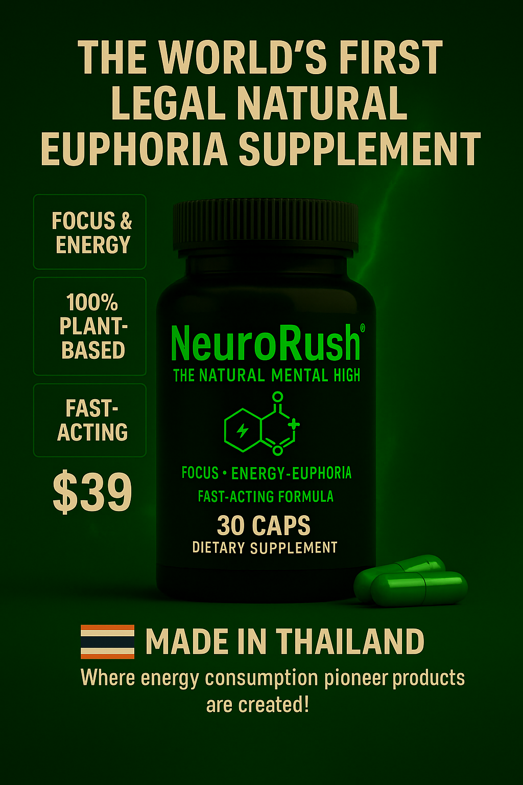 Promotional image of NeuroRush supplement bottle with bold green and beige text highlighting benefits like focus, energy, fast-acting, and 100% plant-based. The label shows '30 CAPS' and 'Made in Thailand' beneath the Thai flag, with glowing green capsules placed beside the bottle.