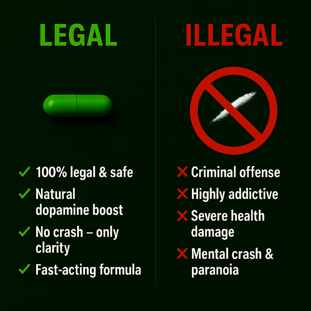 Comparison chart with 'LEGAL' on the left showing a green capsule and benefits like 100% legal & safe, natural dopamine boost, no crash, and fast-acting formula; and 'ILLEGAL' on the right with a red crossed-out cocaine icon, listing downsides like criminal offense, addiction, health damage, and mental crash.
