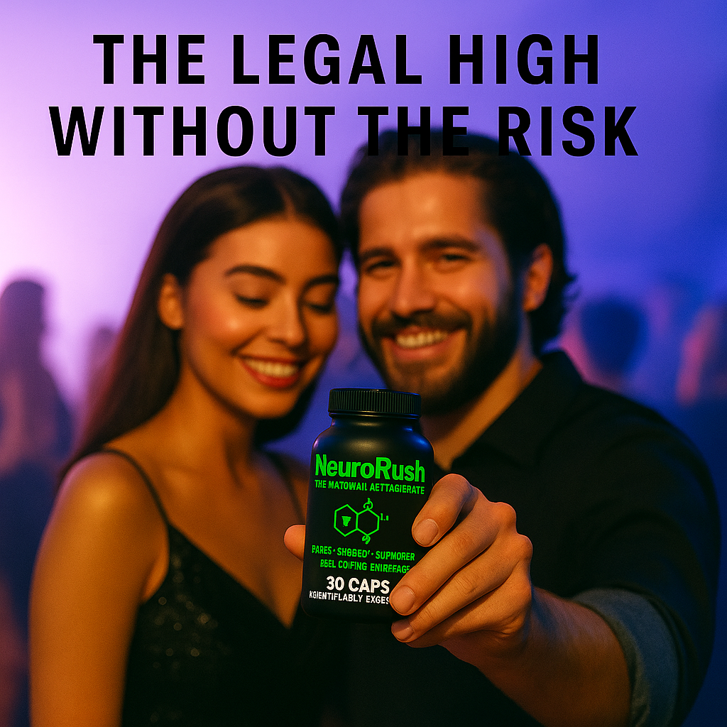 Smiling young couple at a nightclub holding a black NeuroRush supplement bottle labeled '30 CAPS' with neon green text. Background shows purple-blue party lighting, and bold text above reads 'THE LEGAL HIGH WITHOUT THE RISK'