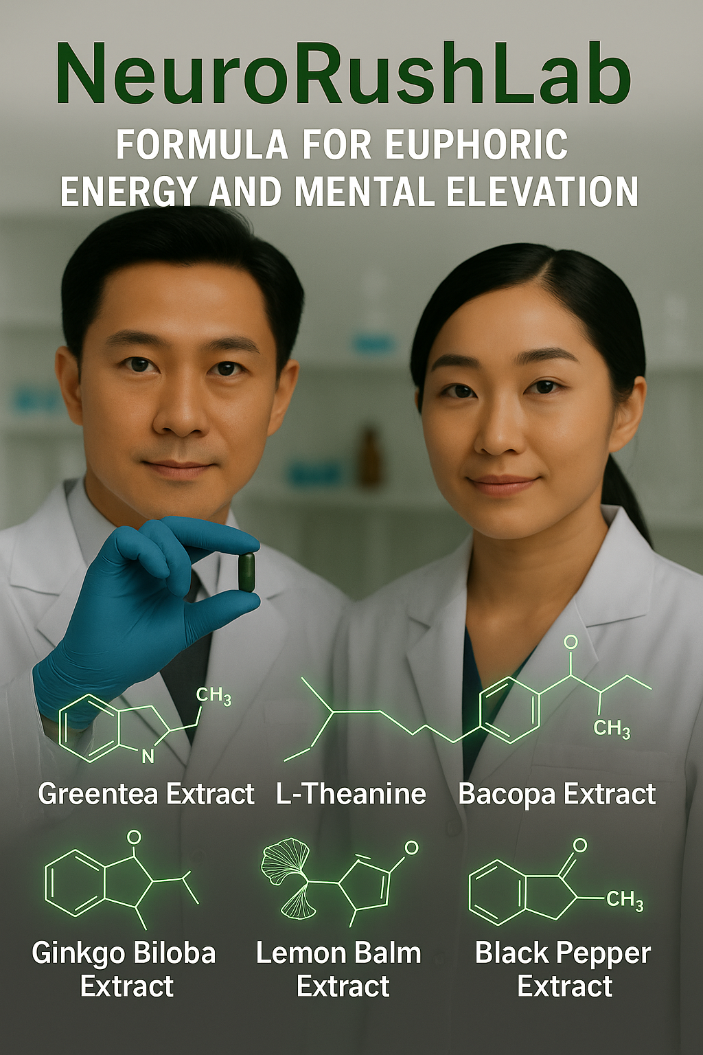 Two scientists in a laboratory holding a green capsule, representing NeuroRushLab’s formula. Below them are glowing green chemical structures of key nootropic ingredients: Greentea Extract, L-Theanine, Bacopa Extract, Ginkgo Biloba Extract, Lemon Balm Extract, and Black Pepper Extract. The text above reads 'Formula for Euphoric Energy and Mental Elevation.