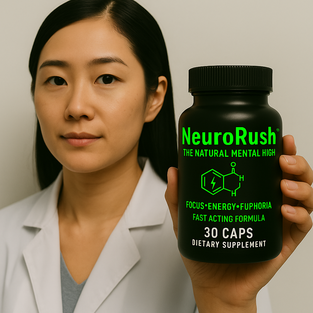 Asian female scientist in a white lab coat presenting a black NeuroRush bottle labeled '30 CAPS' with neon green text highlighting focus, energy, and euphoria on a clean background.